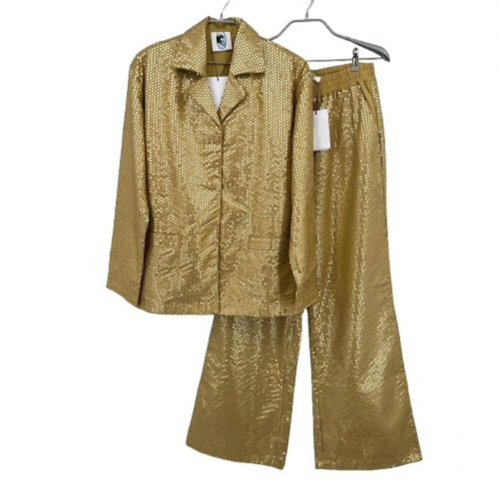 Sleeper Supernova Gold Sequined Button Front Shirt & Pants Matching Set size M